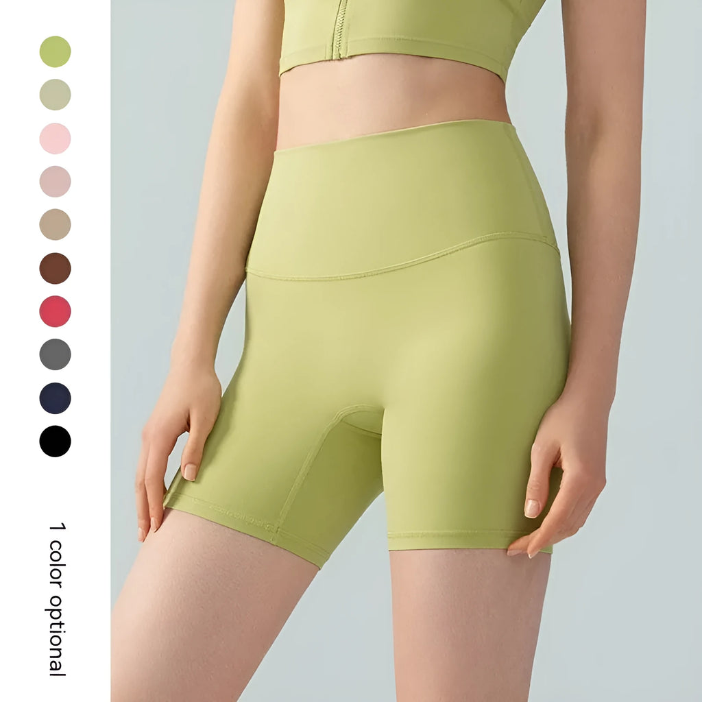 Women's lycra yoga shorts in leaf green colour with high waist and short length design