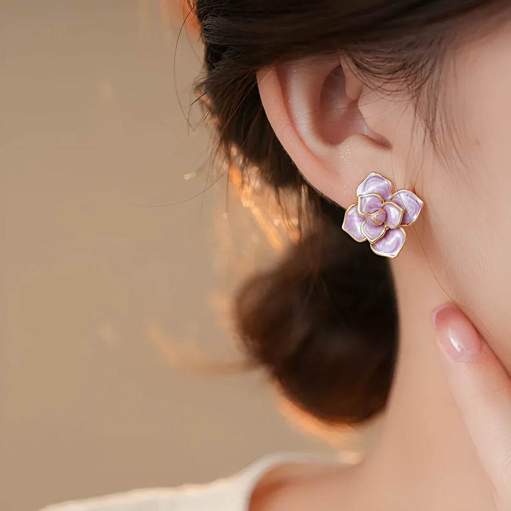 Gold plated silver needle purple oil-spot glaze flower stud earrings with copper construction