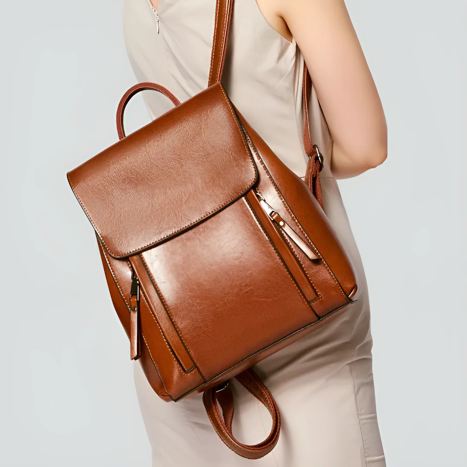 Genuine leather cowhide backpack large size European style with internal organisation pockets