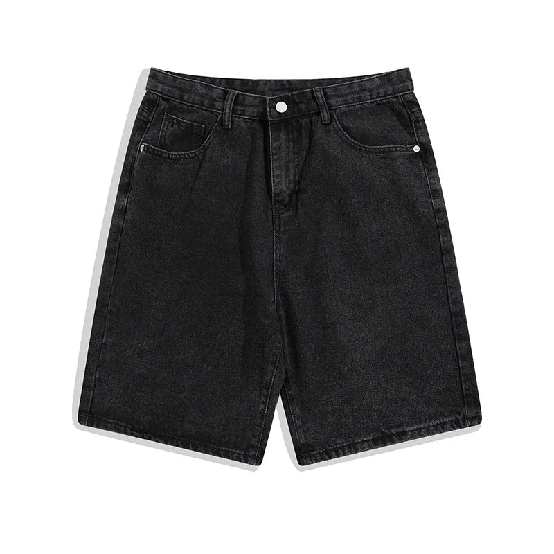 Men's light blue denim shorts showing five-pocket straight-leg design on a mid-waist
