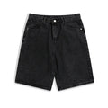 Men's light blue denim shorts showing five-pocket straight-leg design on a mid-waist