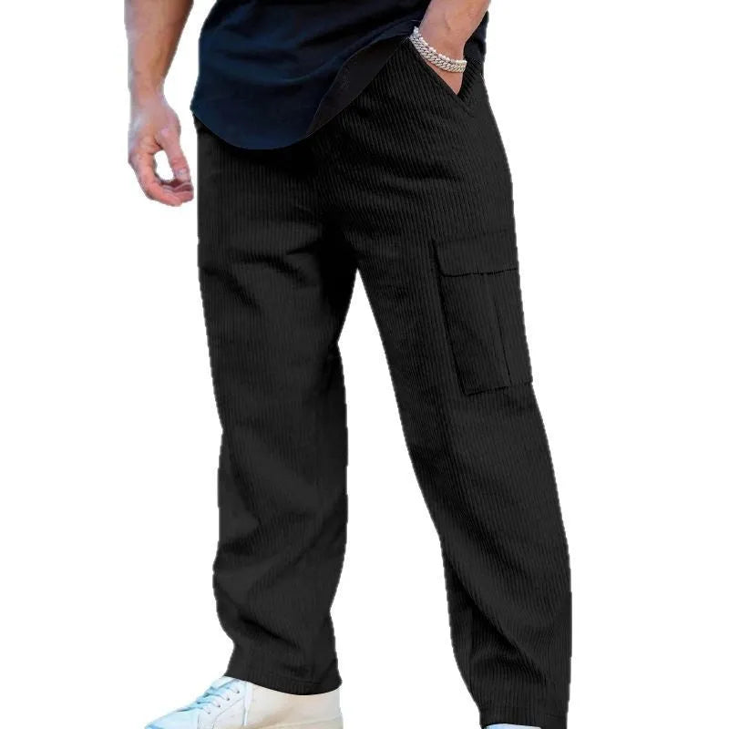 Men's straight-leg corduroy cargo trousers in navy blue with drawstring waist