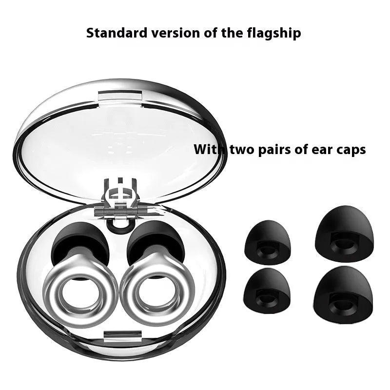 Noise reduction sleep earplugs in gold, silver, transparent, purple, and rose gold colours with storage box