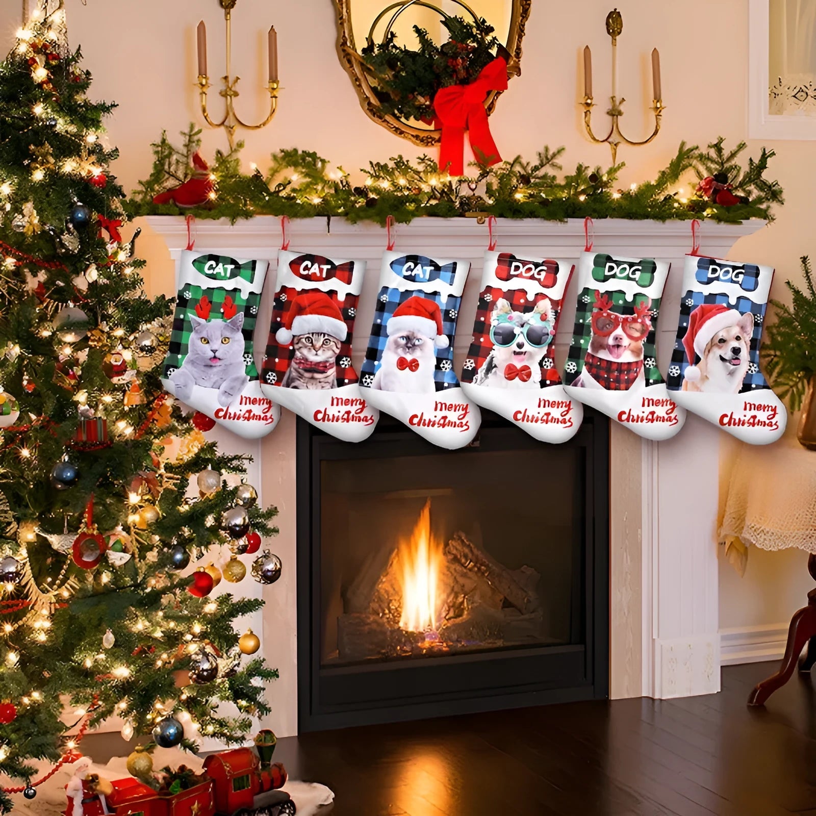 Printed plaid puppy and cat Christmas decoration in American style measuring 26x36cm on cloth material