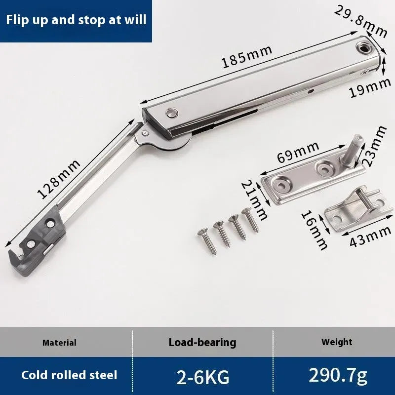 Cold rolled steel adjustable support rod for flap-up cabinet doors in natural stainless steel colour