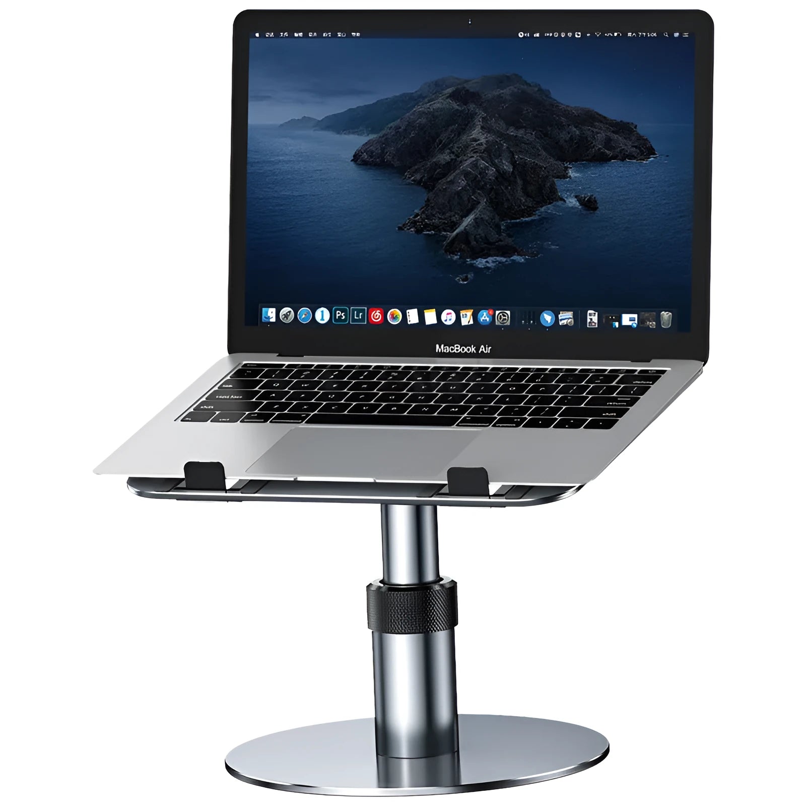 Silver adjustable aluminium laptop stand raised to mid-height with ventilation holes visible.