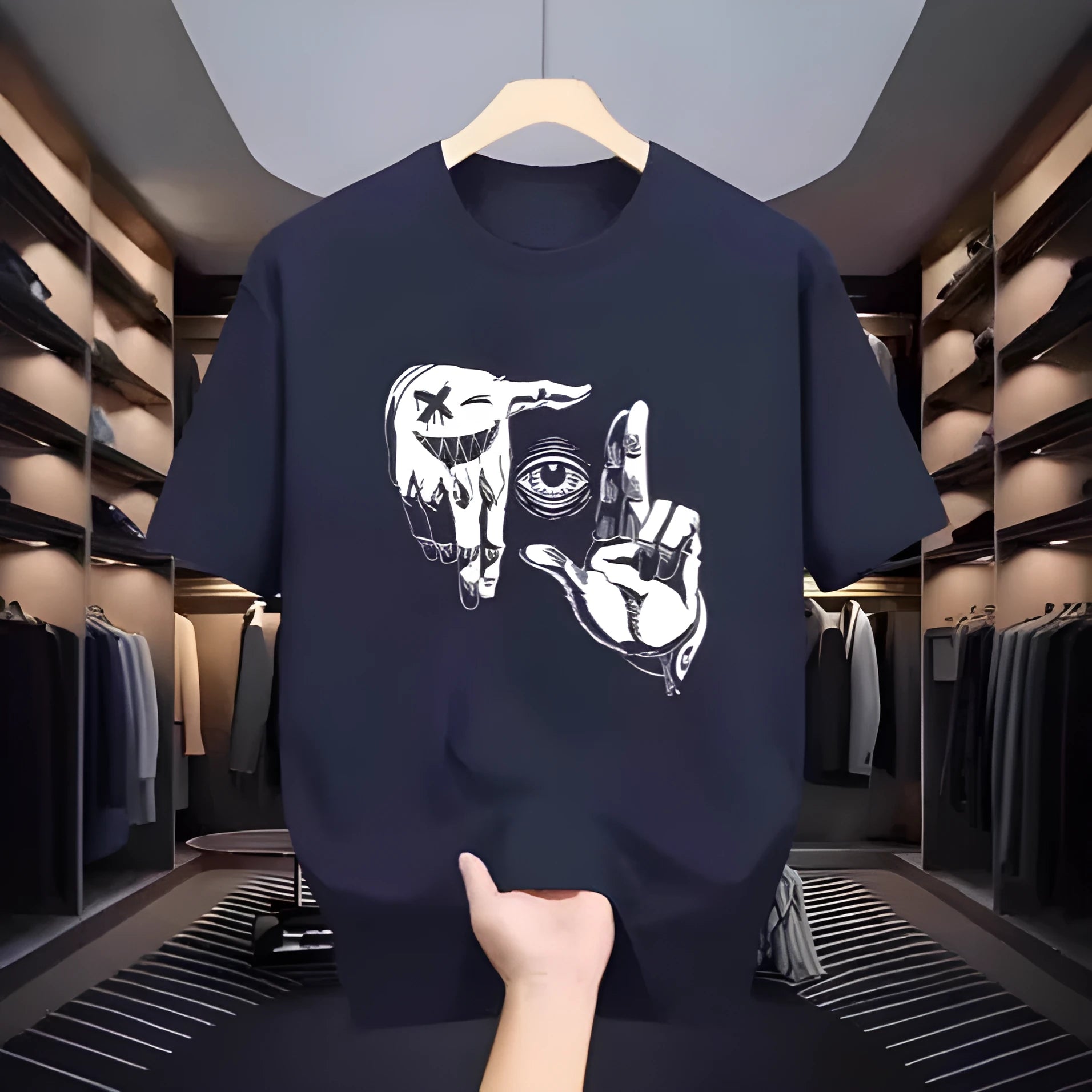 Men's grey bird eye mesh T-shirt with a cartoon digital print, showing round neck and short sleeves.