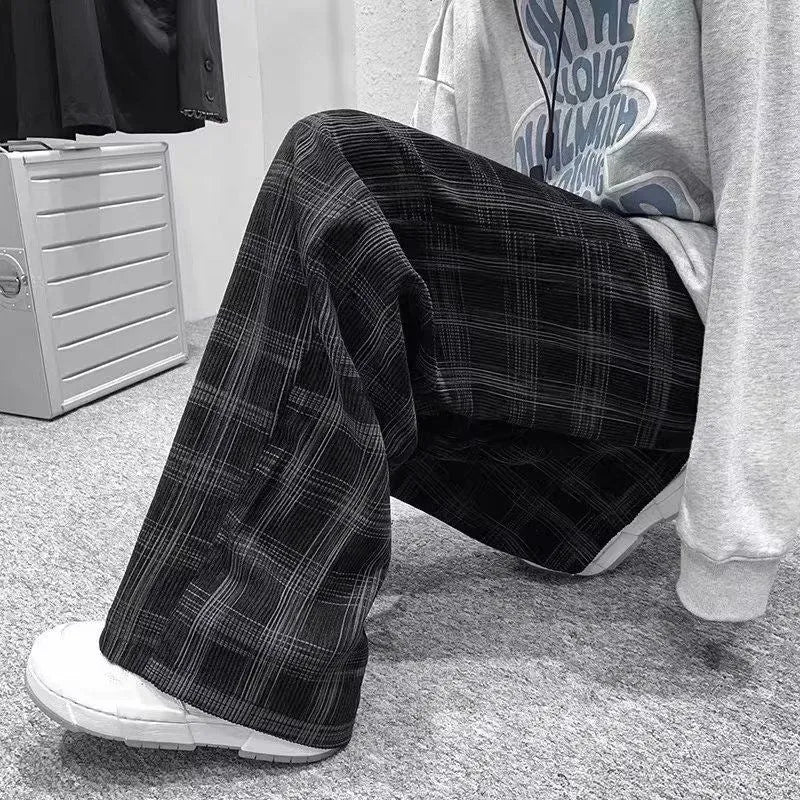 Japanese retro plaid loose fit trousers in straight leg design available in black or green