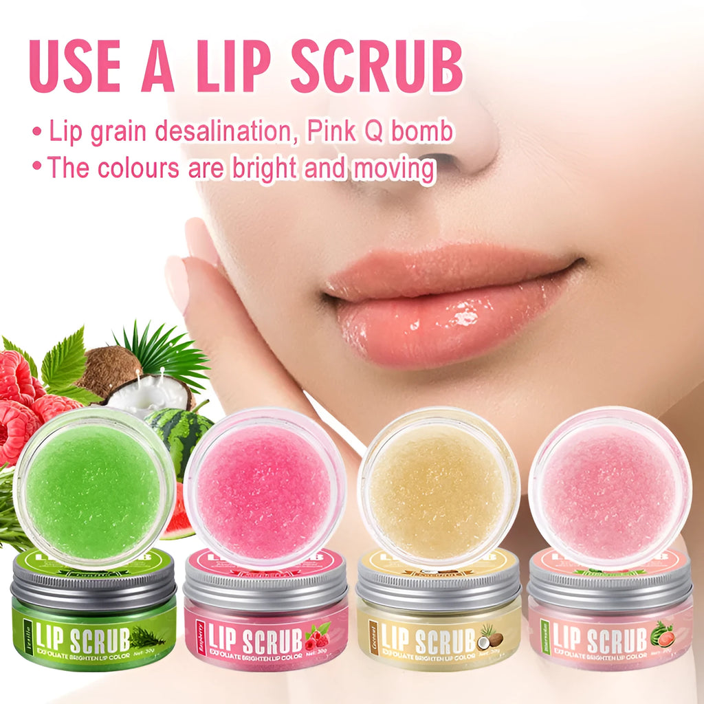 30g Amatoni lip scrub cream container in coconut, raspberry, vanilla, or watermelon flavour