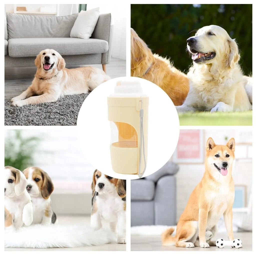 Grey foldable 2-in-1 dog water bottle and feeder with lanyard, showing food and water compartments.