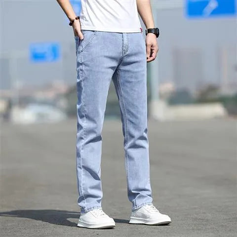 Men's smoky grey straight cut jeans with rabbit fur fabric and zip fly closure