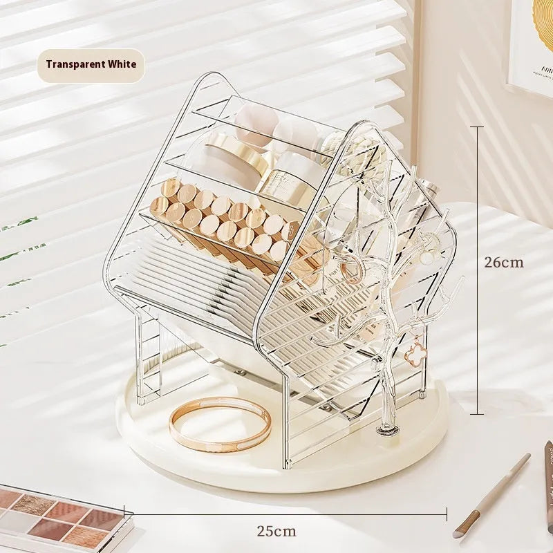 360-degree rotating cosmetics storage box in transparent plastic, clear or amber gold colour options
