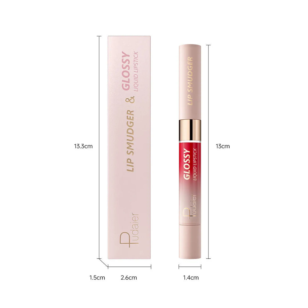 Double-headed lipstick and lip gloss in matte finish showing 10 different colour options