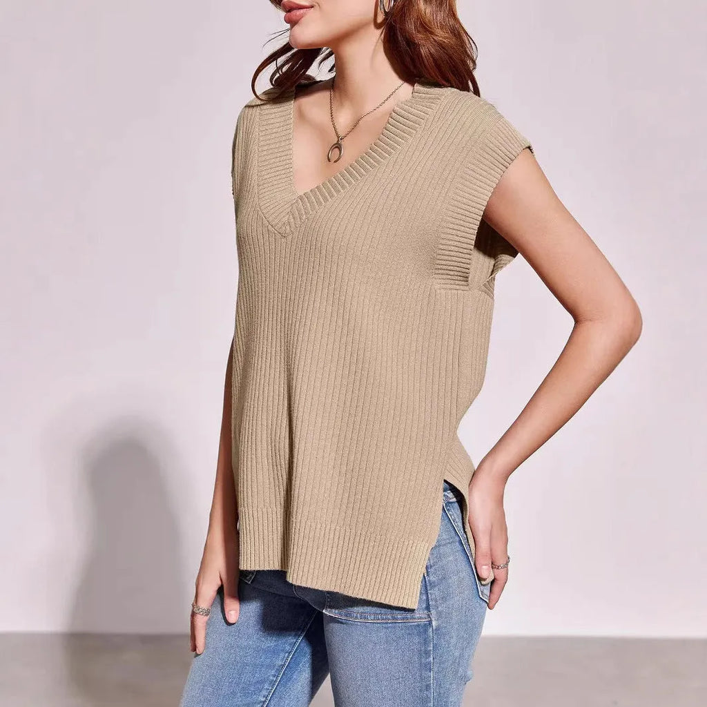 V-neck sleeveless loose pullover vest in striped pattern with camel colour