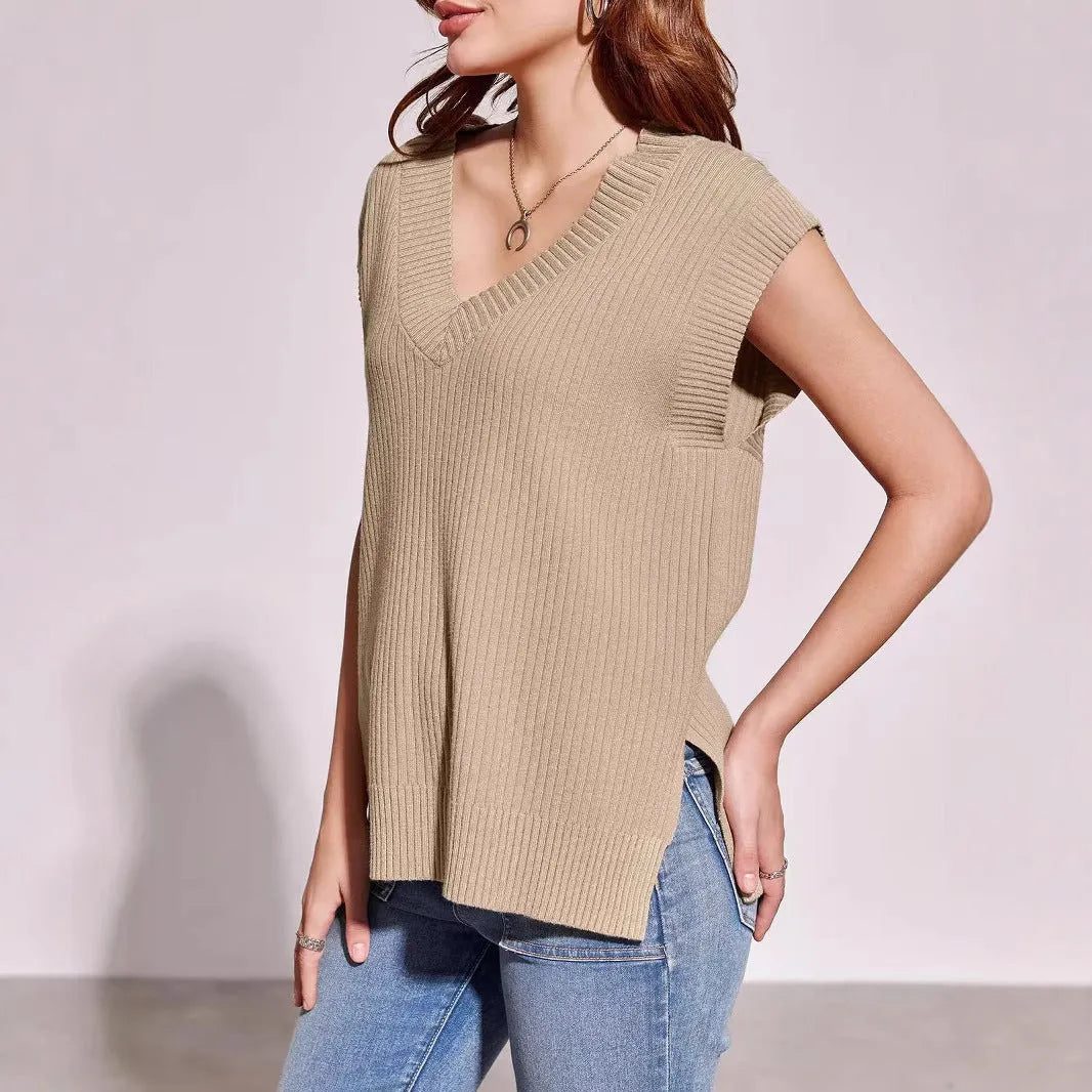 V-neck sleeveless loose pullover vest in striped pattern with camel colour