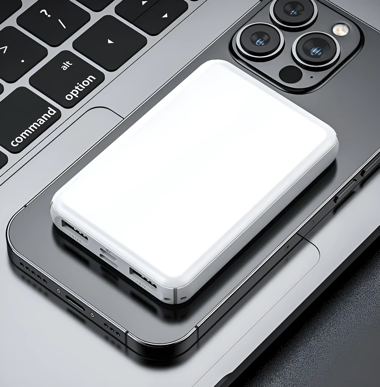 Electric heating vest power bank with USB output in black or white, measuring 97mm by 64mm