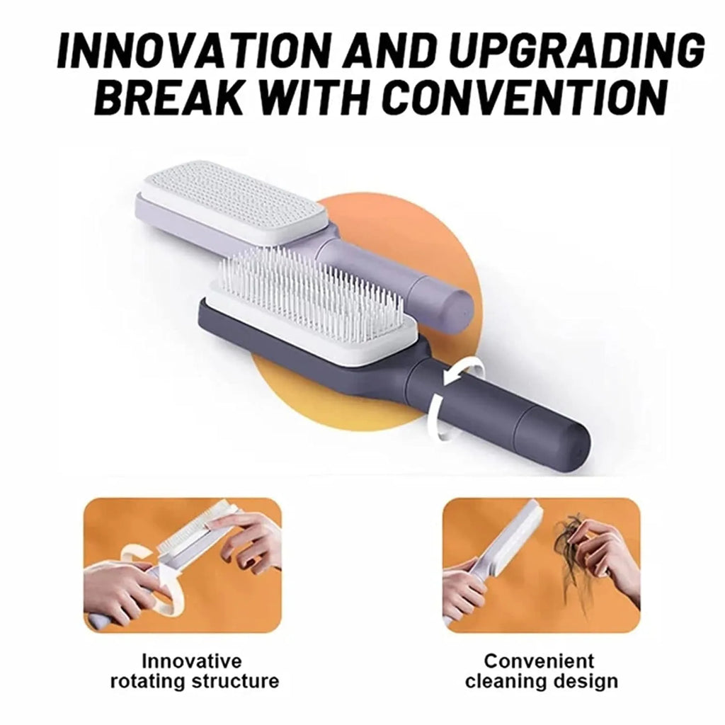 Roland purple self-cleaning hair brush with telescopic handle and wide teeth for detangling