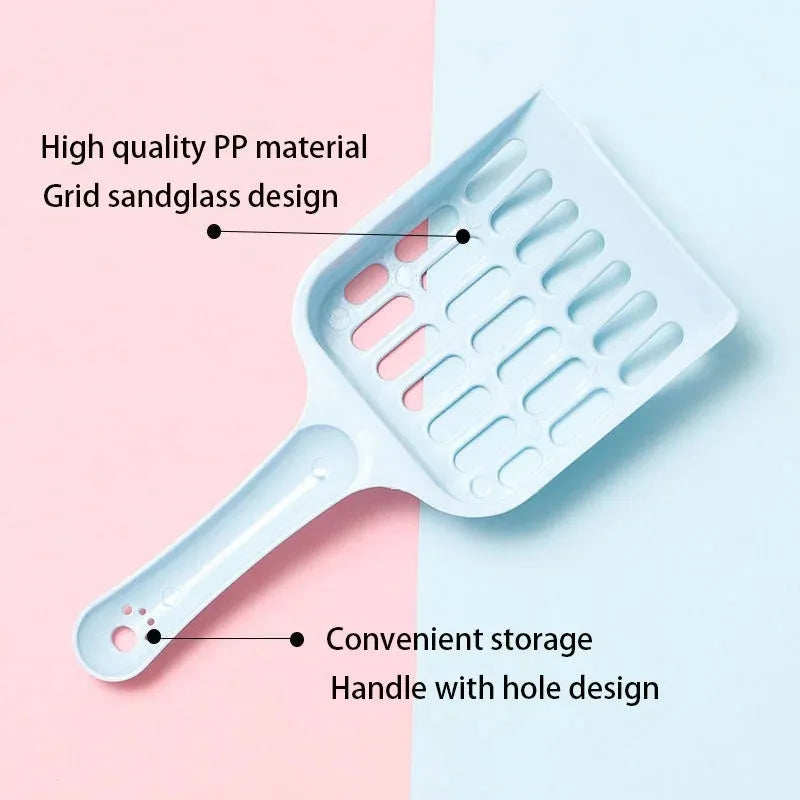 Plastic cat litter scoop in blue, green, or pink colour measuring 20cm long