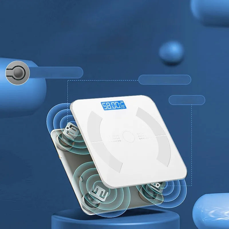 Smart Bluetooth body fat scale in white, black, or pink colour on bathroom floor
