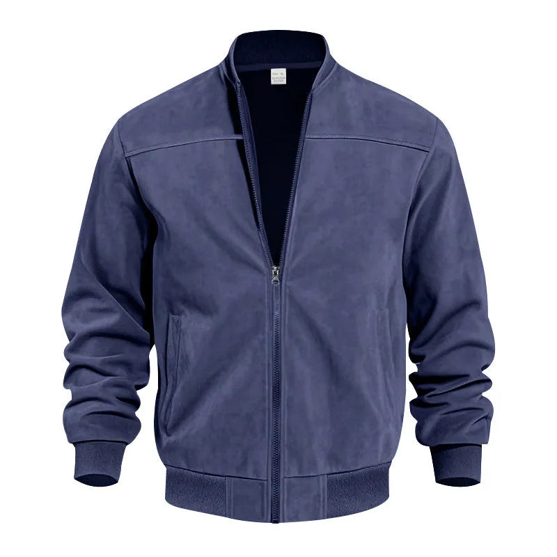 Men's plus size suede jacket with zip in army green colour showing front view.