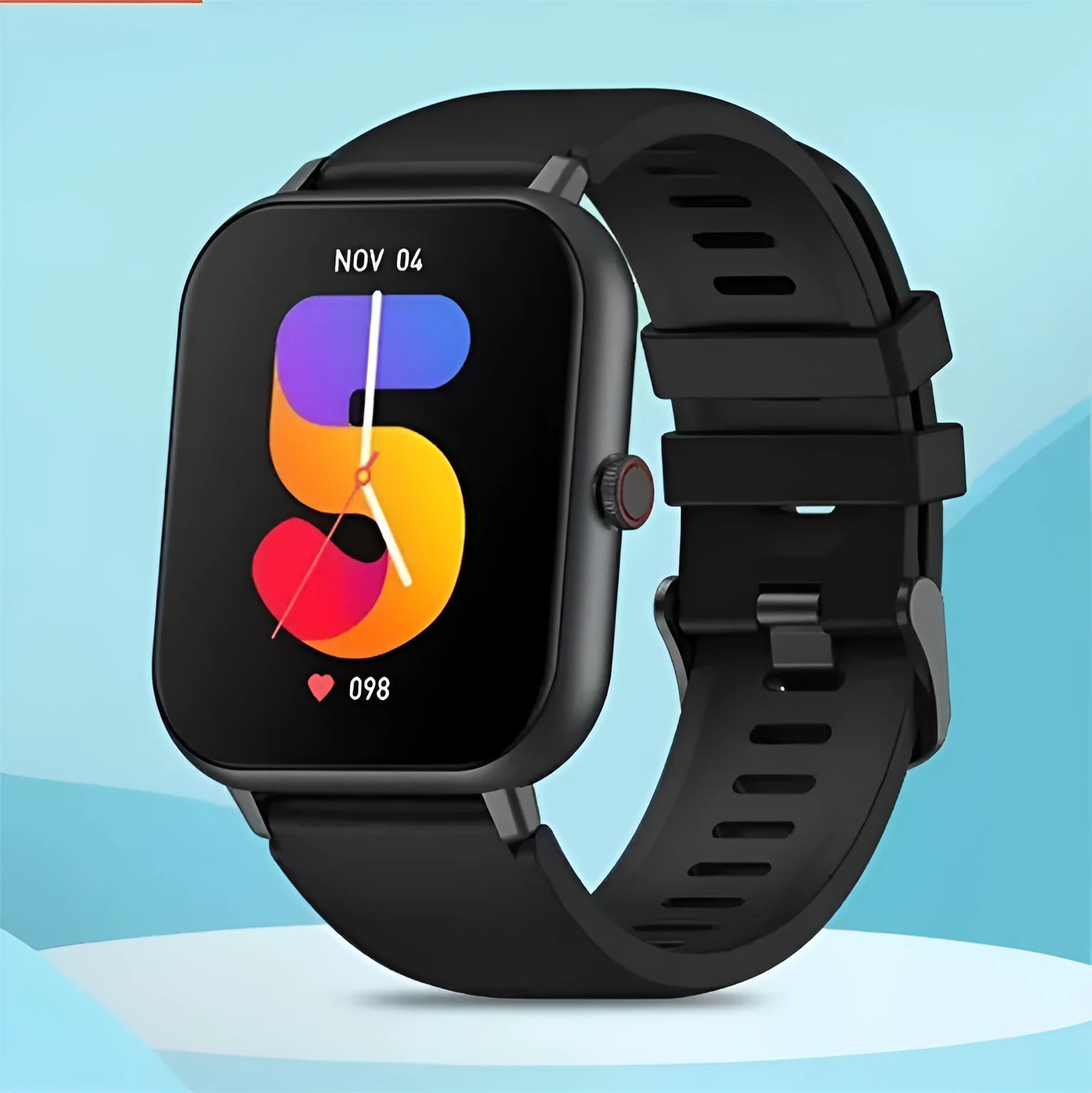 Bluetooth smart watch with AI voice control and heart rate monitoring display showing colour options