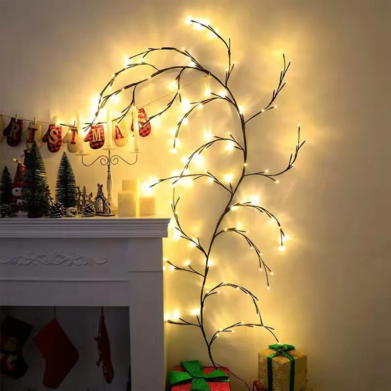 Flexible artificial willow vine LED garland with warm white lights on birch bark texture branches