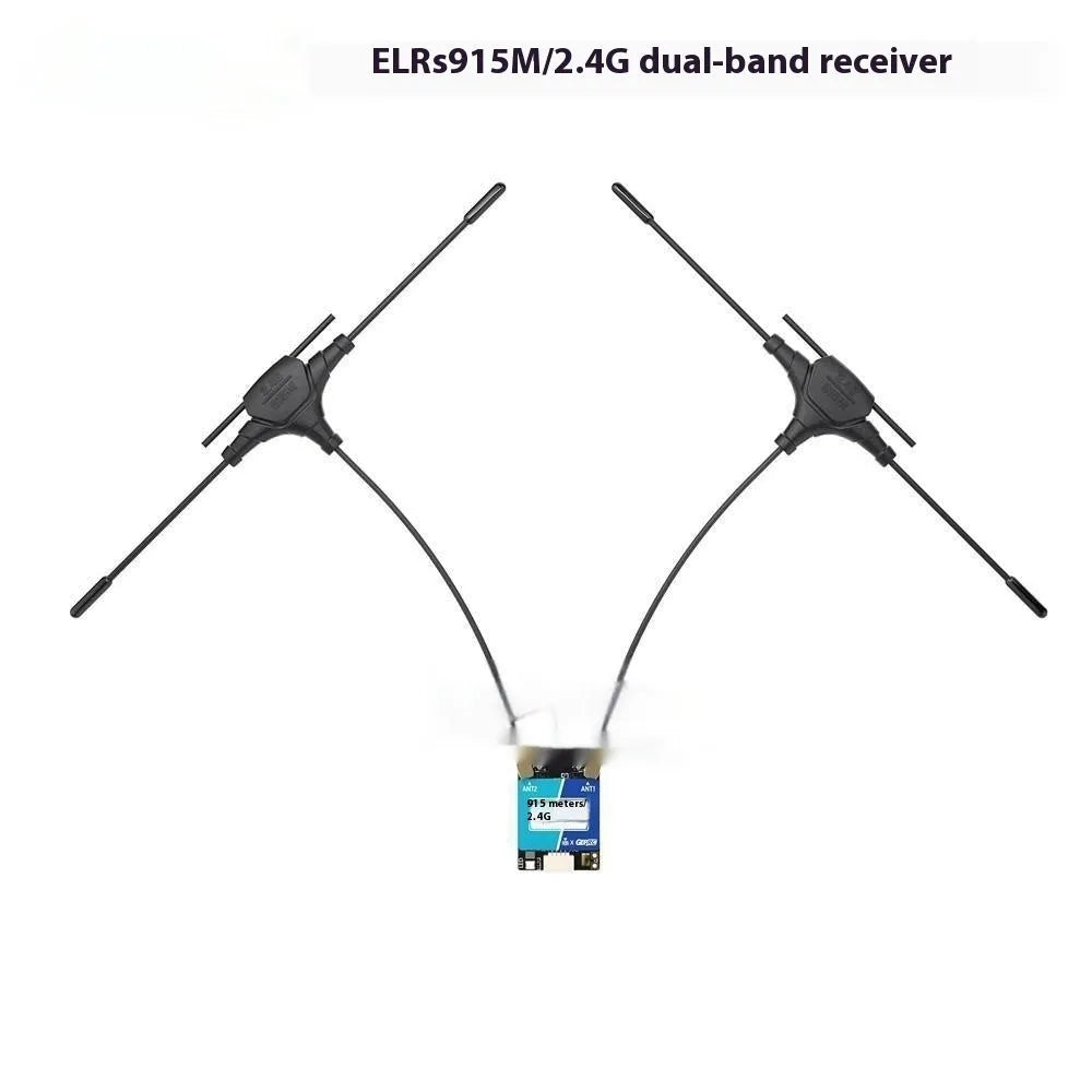 FPV drone ELRS dual-frequency receiver with metal housing, two T-shaped antennas, heat shrink tubing, and connecting wire.