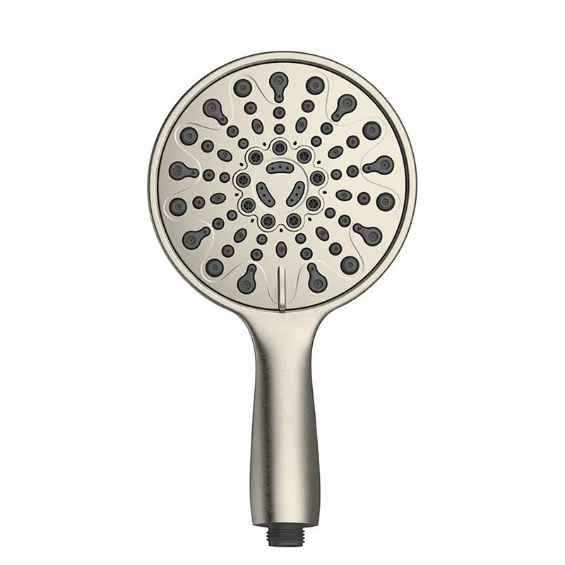 Six-function portable handheld shower head with electroplated finish, 6 inches in diameter.