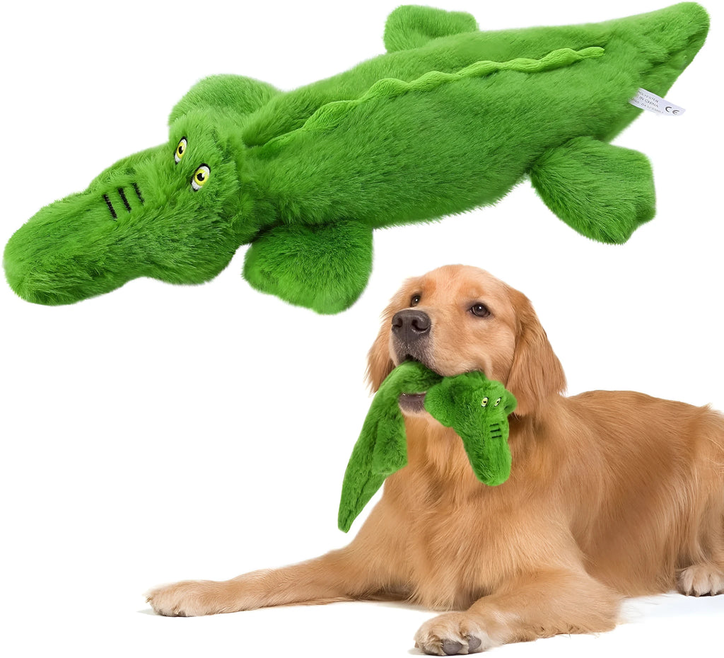 Green crocodile squeaky dog toy with no stuffing, crinkle paper tail, for aggressive chewers