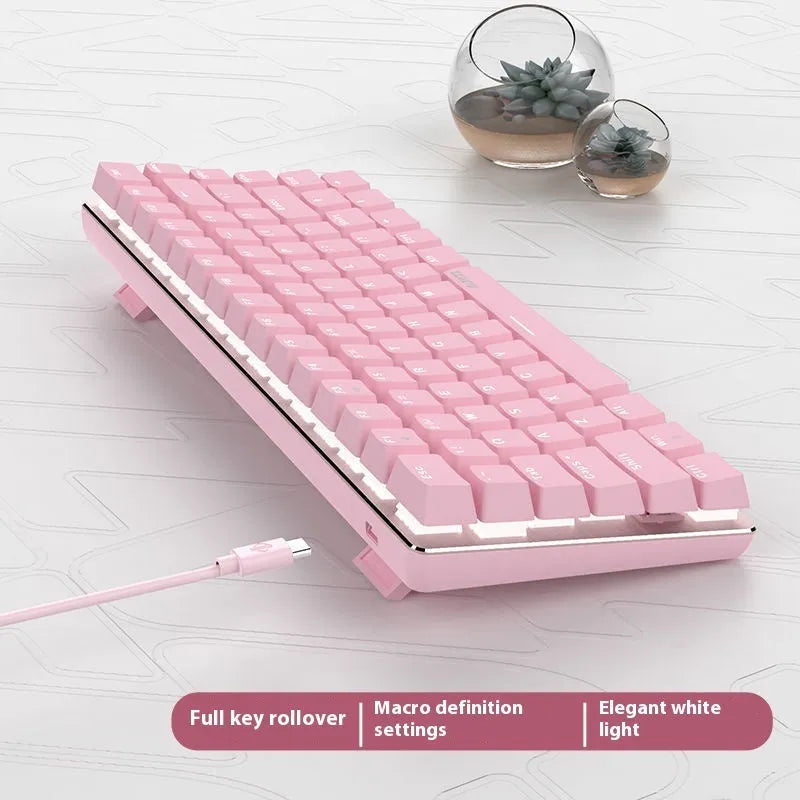 Pink mechanical gaming keyboard with 82 keys, white backlight illumination, and metal case