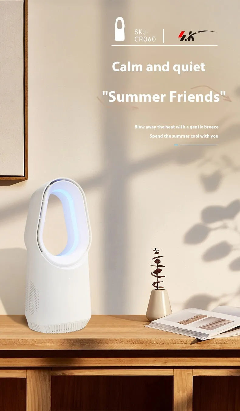 White SK bladeless floor tower fan with remote control on wooden floor.