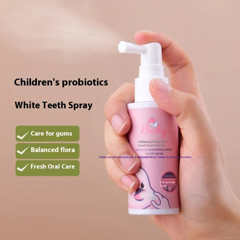 Children's probiotic teeth cleaning spray bottle in strawberry and orange flavours