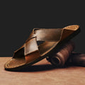 Men's black and brown genuine pigskin leather slip-on casual beach sandals with frosted finish.