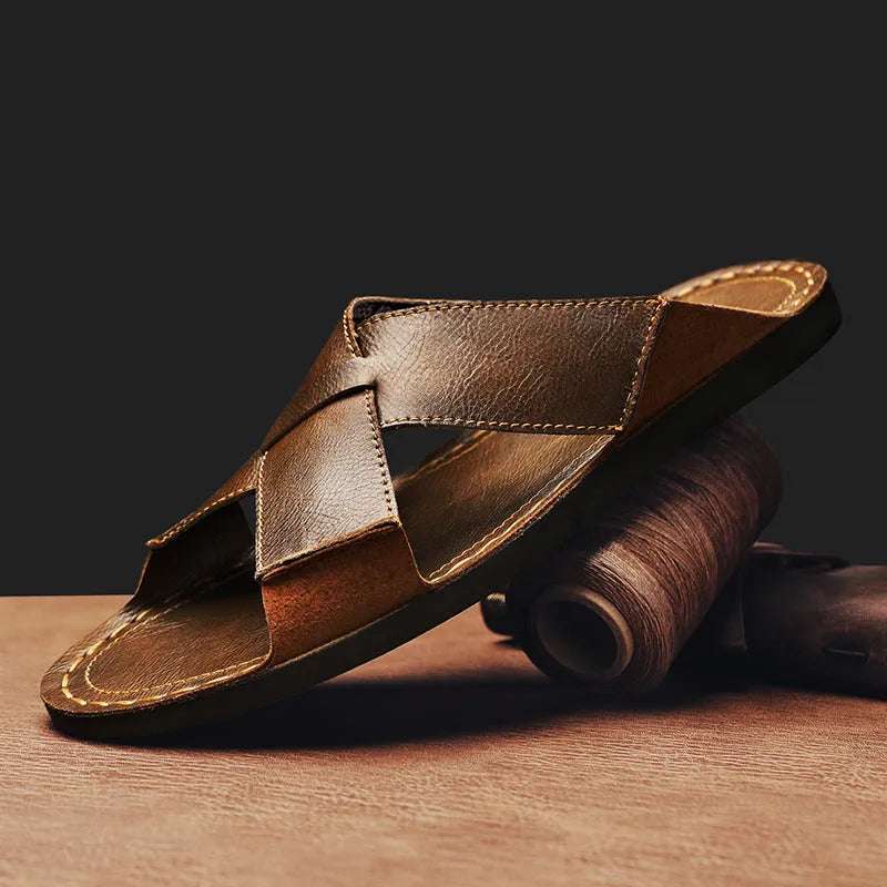 Men's black and brown genuine pigskin leather slip-on casual beach sandals with frosted finish.