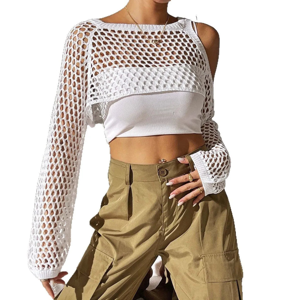 Mesh beach shirt with a navel hollowed design in a choice of six colours on a mannequin.