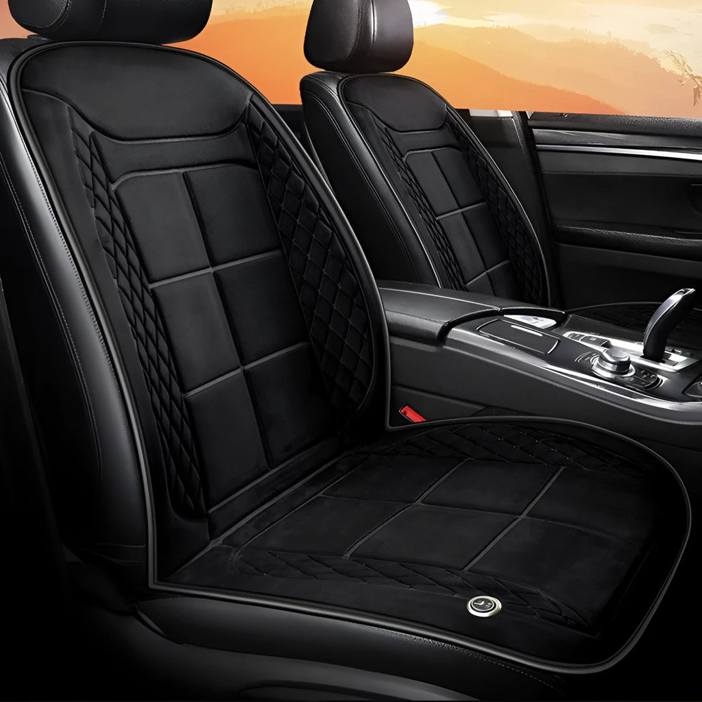 Car heating cushion in beige colour showing single seat configuration with 12V power connection