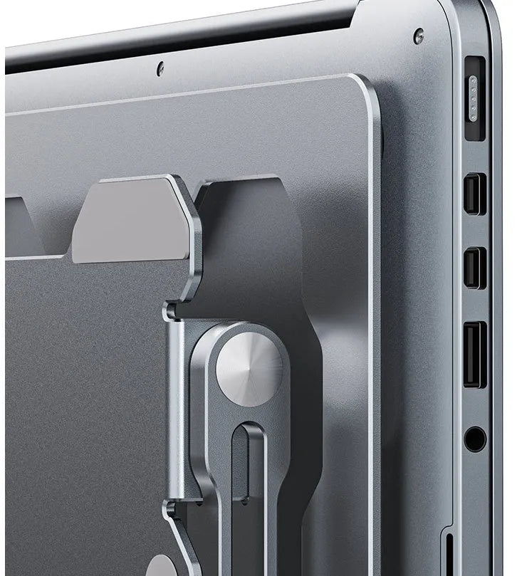 Grey aluminium alloy laptop stand showing adjustable angle mechanism and hollow heat dissipation design