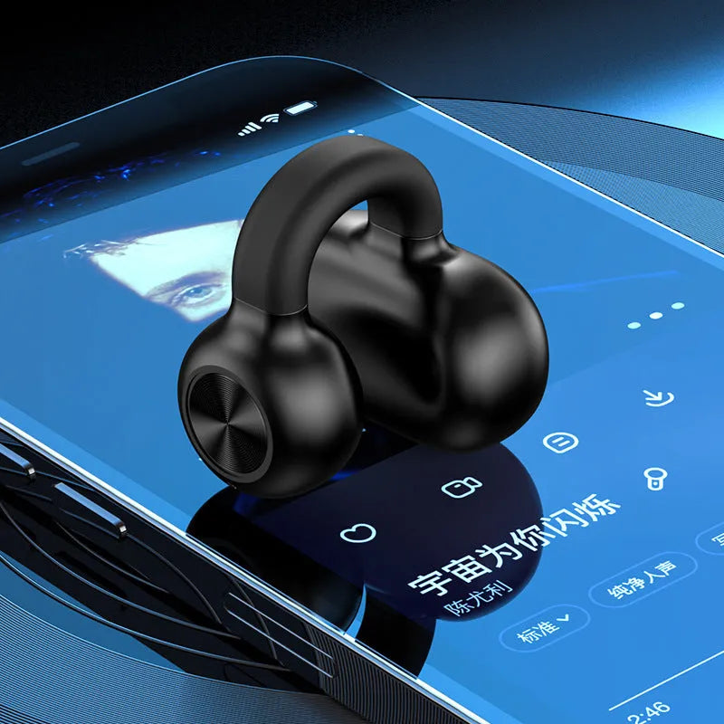 Wireless Bluetooth clip-on bone conduction earphones in black or white packaging