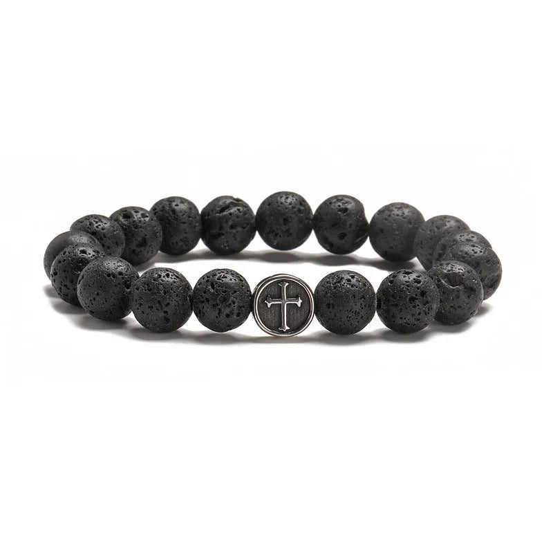 Geometric volcanic rock agate bracelet with stainless steel finish showing structured design
