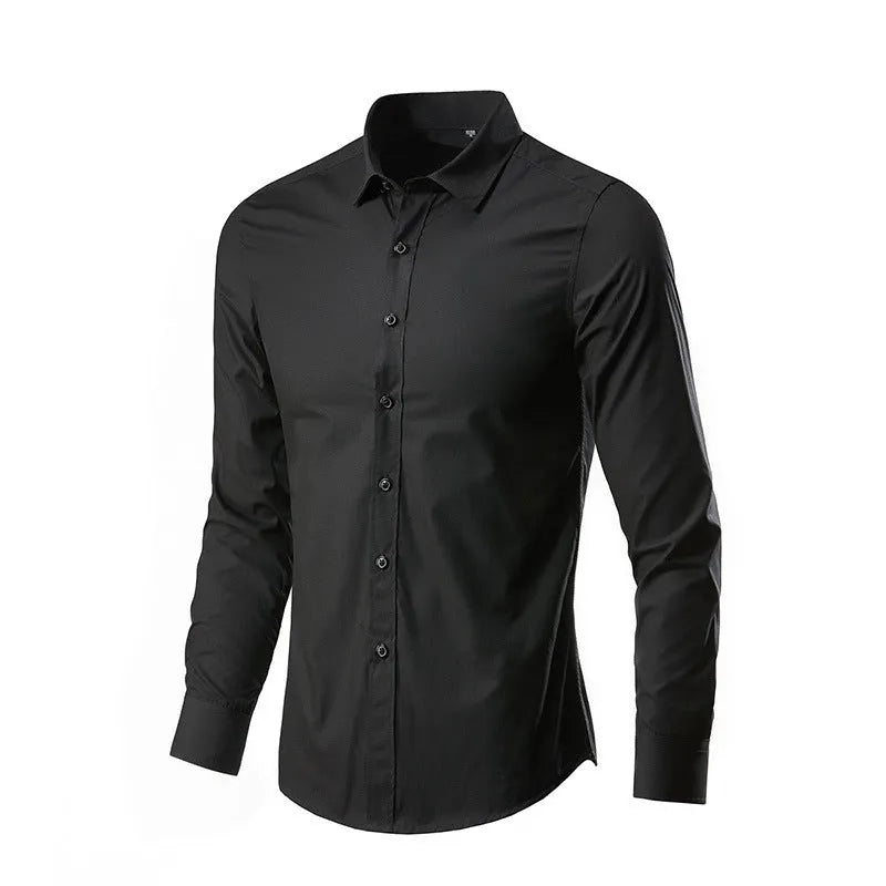 Men's loose-fit long-sleeve linen shirt on a hanger, shown in a neutral colour.