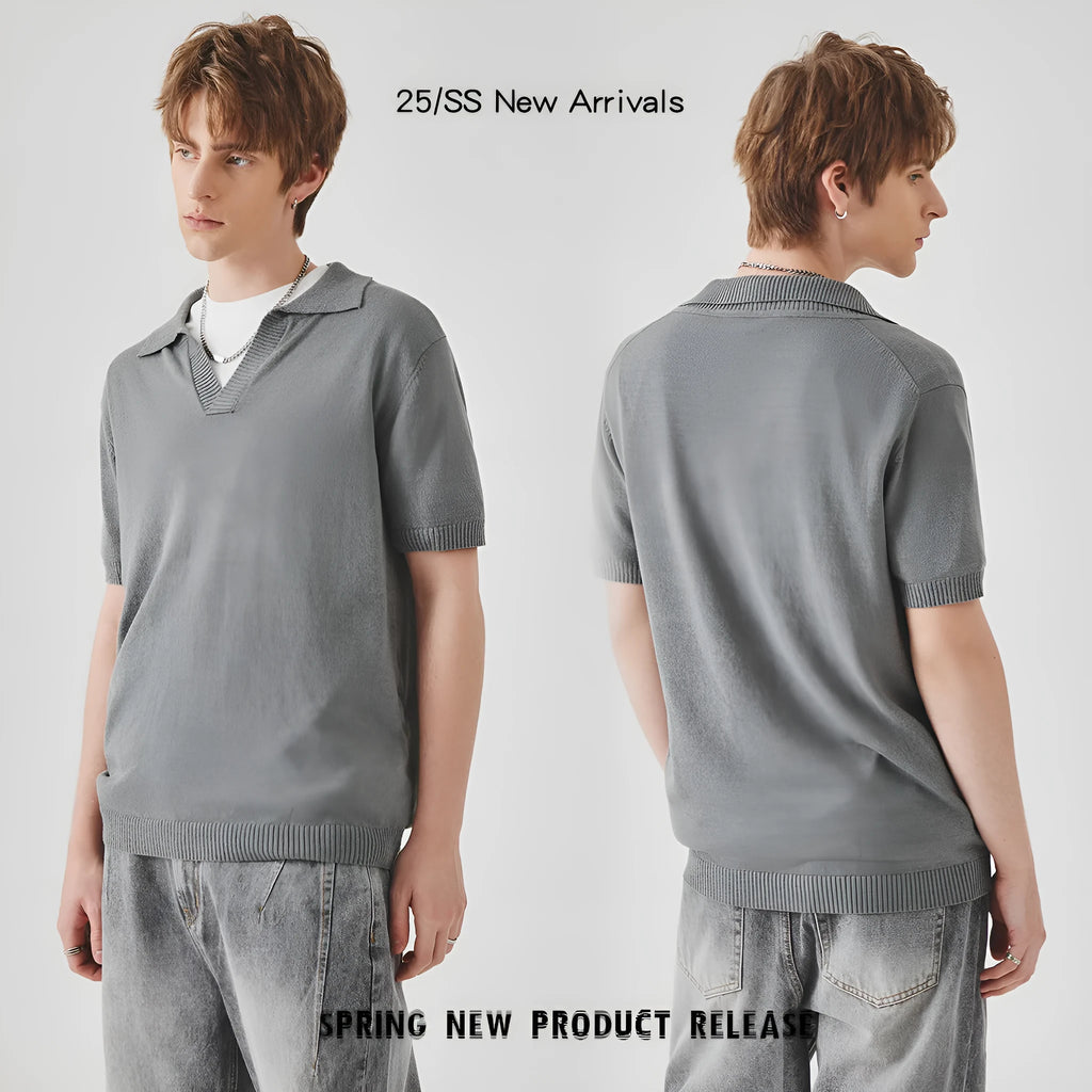 Summer knitted short-sleeved solid colour polo collar casual t-shirt in white front view