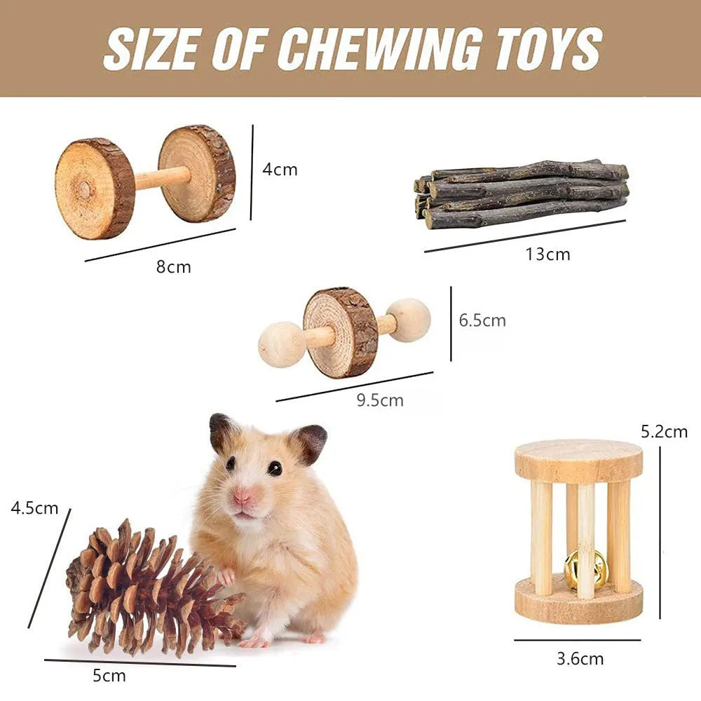 Assorted wooden chew toys and natural fibre balls for small pets like rabbits and guinea pigs