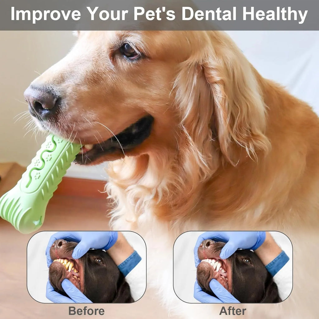 Bone-shaped natural rubber dog chew toy in blue green orange colours