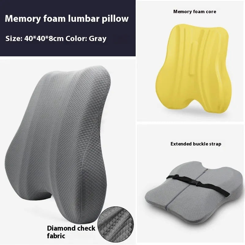 Grey lumbar support cushion for office chair, measuring 40cm by 40cm by 8cm.