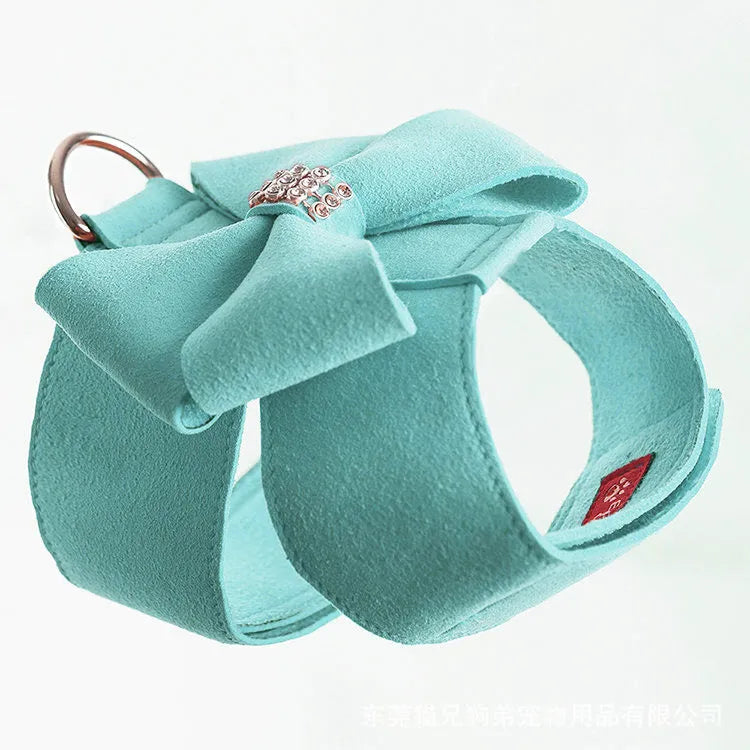 Bowknot dog chest strap harness in pink, blue, or orange colours with microfiber material and S/M/L/XL sizing