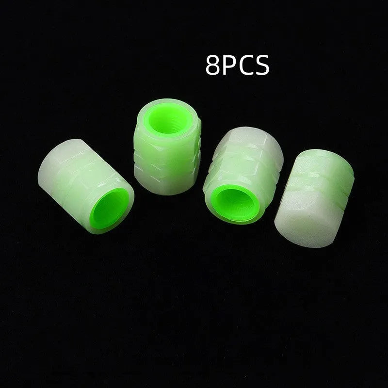 Car luminous valve caps showing glow feature and rubber construction with 16mm x 12mm dimensions