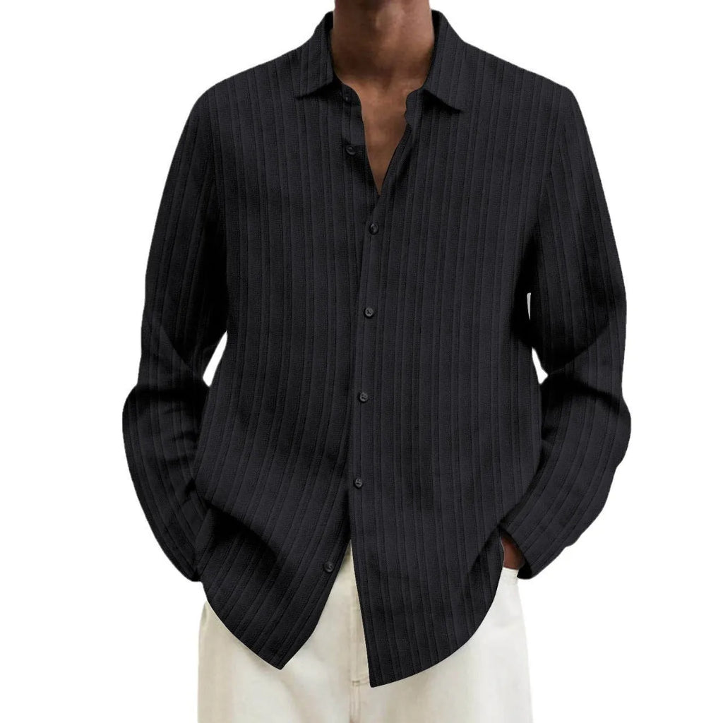 Men's striped cardigan shirt in British style with long sleeves and loose fit for summer business casual wear