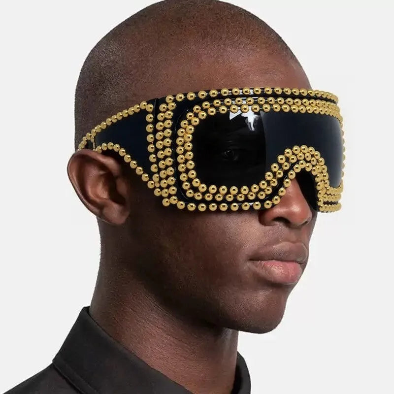 Men's punk sunglasses with super large square frame and rivet accents in silver or gold