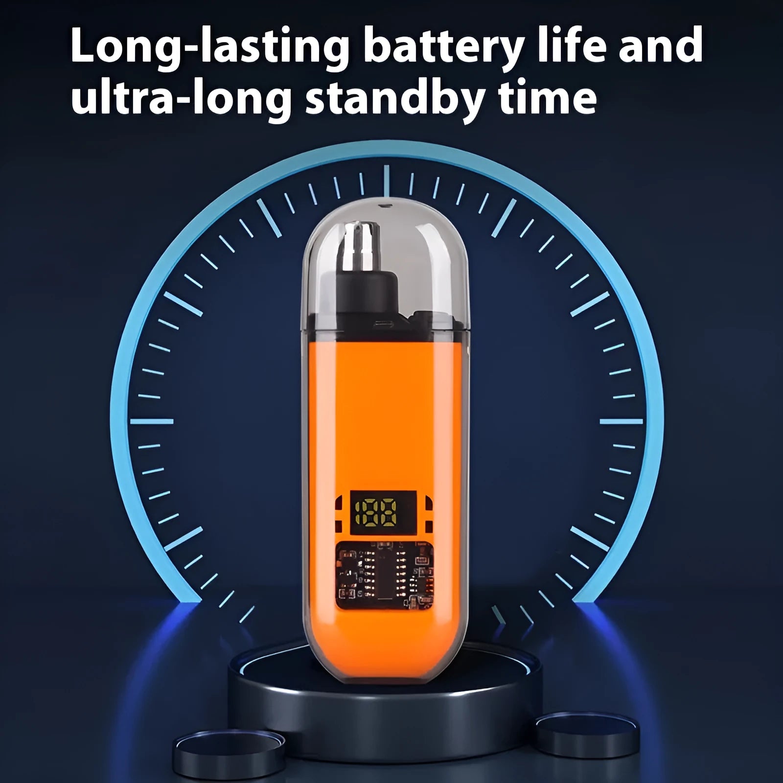 Rechargeable nose hair trimmer with removable stainless steel cutter head and digital display.