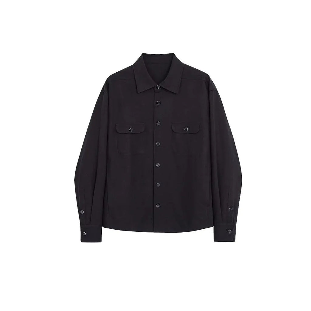 Men's simple profile cotton lapel shirt in light sand rice colour, showing long sleeves and collar detail.